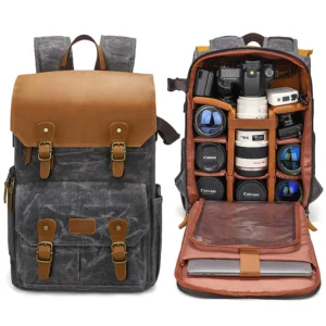 Outdoor Digital Gear Camera Travel Bags Waxed Canvas Back Pack Photography Backpack With 15.6 Laptop Compartment